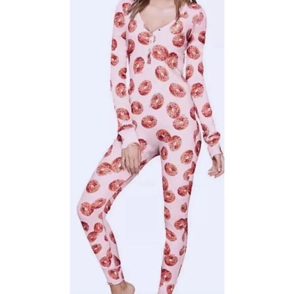 Victoria's Secret Pink Thermal Long Pink Donuts One Piece Pajamas Size Medium - Picture 1 of 8